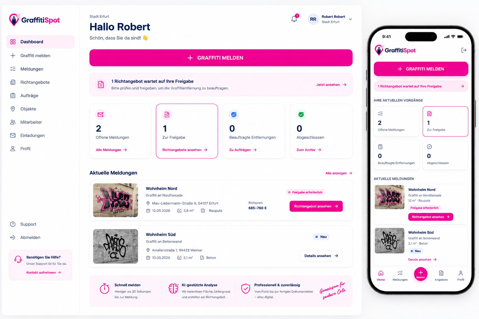 GraffitiSpot Dashboard am Desktop und Meldungs-App am Smartphone