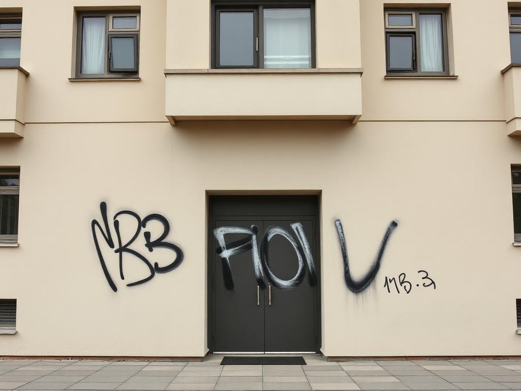 Mehrere Tags auf der hellen Putzfassade eines Studierendenwohnheims